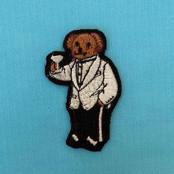 Designer Champagne Bear White Suit Embroidered Iron-On Patch