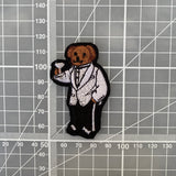 Designer Champagne Bear White Suit Embroidered Iron-On Patch